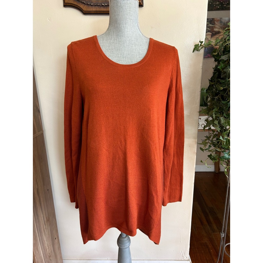 Chico's Sz 1 Tunic Sweater Womens M Rust Orange Ribbed High Low Knit Top Fall